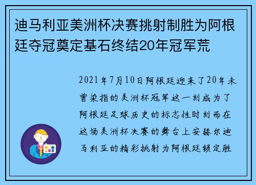迪马利亚美洲杯决赛挑射制胜为阿根廷夺冠奠定基石终结20年冠军荒